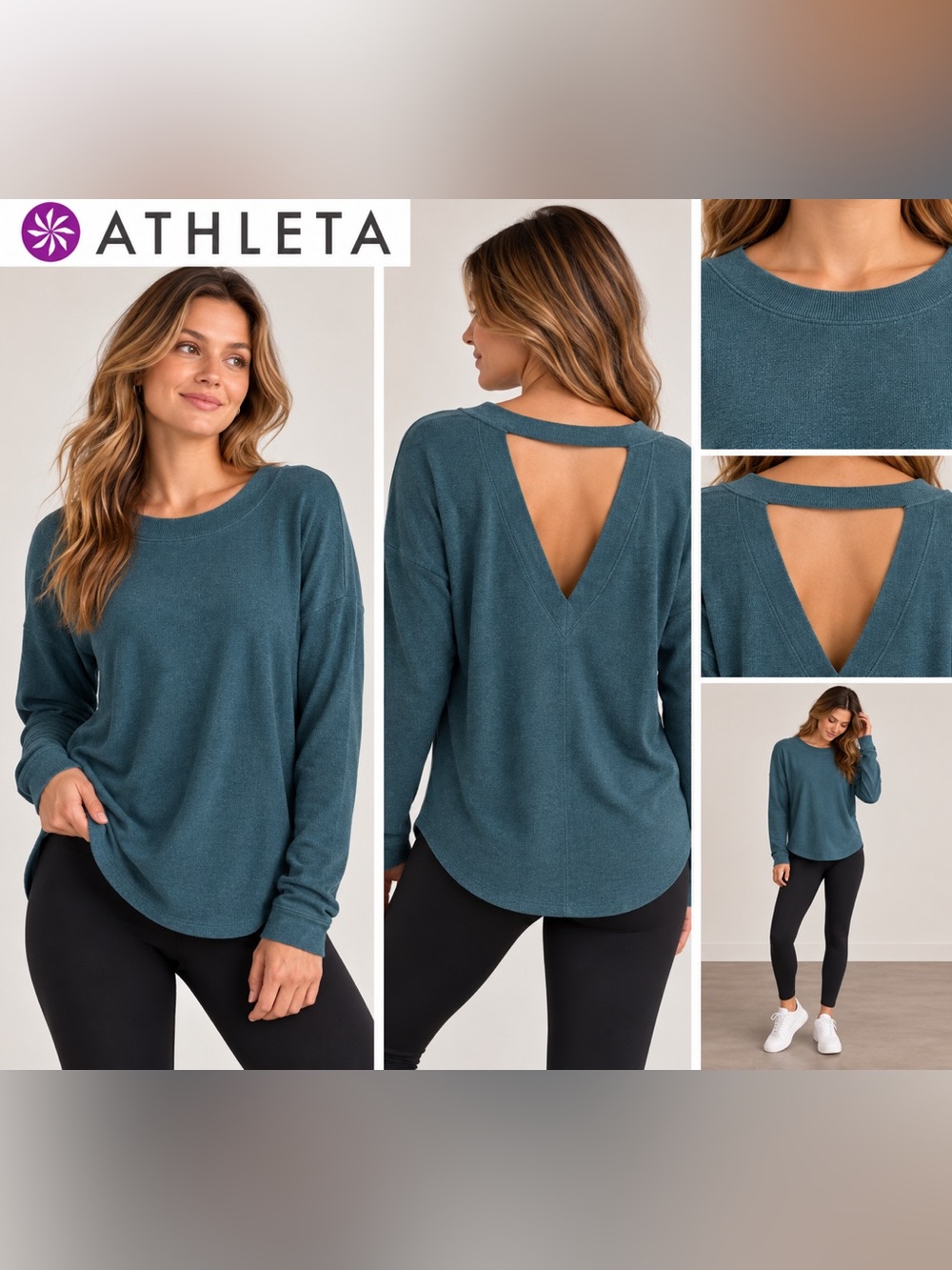 Athleta Women’s M Dark/Deep Teal Long Sleeve Top Deep V Back Cutout Relaxed Fit